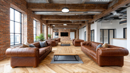 Industrial office lounge with leather sofa and wooden table under exposed ceiling beams, bright natural light and cozy atmosphere