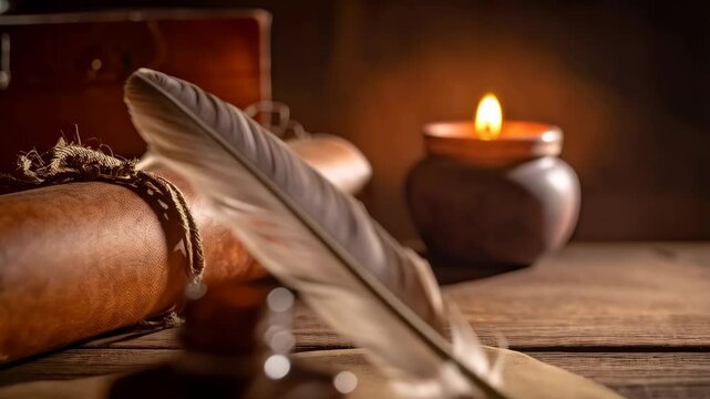 Dramatic feather quill rests on parchment with old leather scroll, ink bottle, and flickering candle in vintage setting
