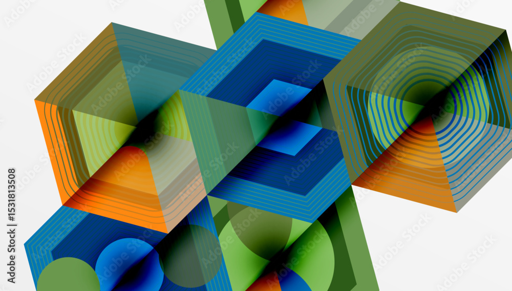 Poster Abstract geometric composition. Overlapping shapes create dynamic visual effect. Lines, colors blend, forming complex pattern.