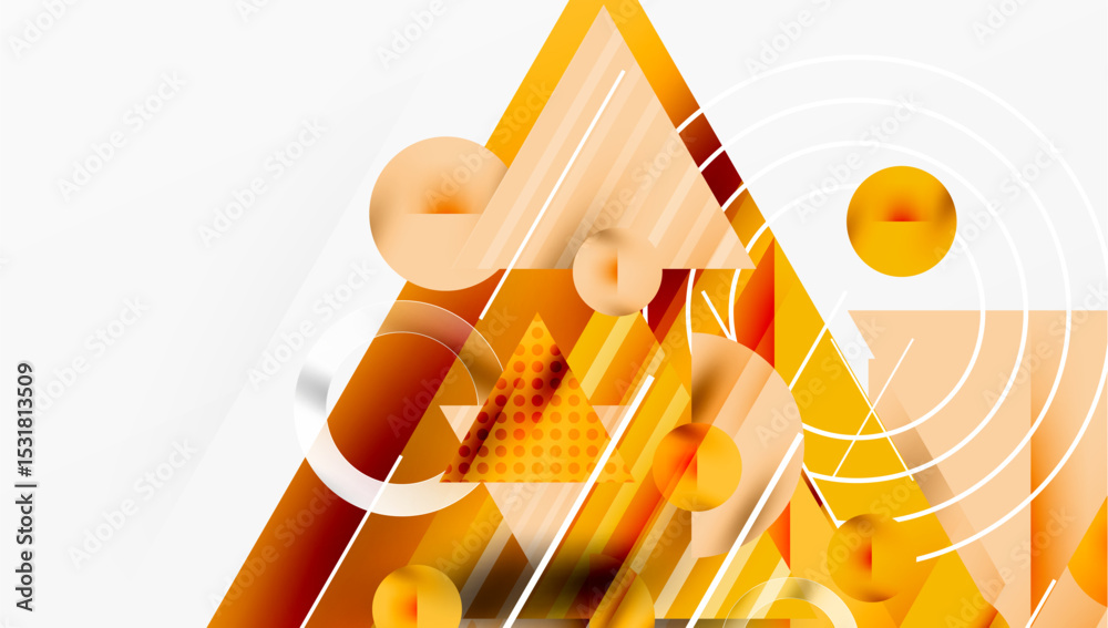 Poster abstract geometric composition. orange, yellow hues dominate design. circles, triangles create dynam