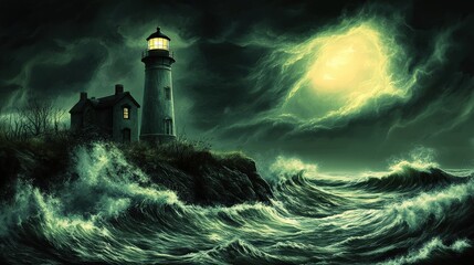 Mystical Lighthouse Illuminates Dark Stormy Sea Under Moonlight