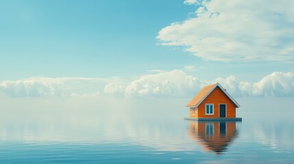 Orange House on Water Surface with Reflection and Blue Sky