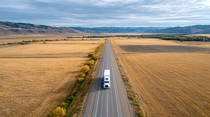 Aerial view of single white truck driving on long rural road surrounded by golden fields and distant mountains under cloudy sky