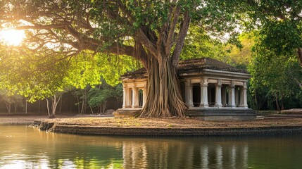 Serene Ancient Temple Surrounded by Lush Greenery and Water Reflection