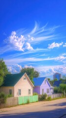 Blurred suburban houses under a vibrant sky
