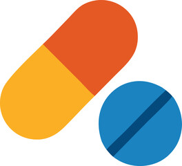 Icon A flat vector illustration featuring an orange and yellow capsule pill and a blue round tablet, symbolizing medication and healthcare treatment