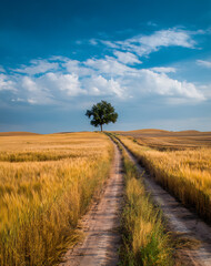 Solitary Tree on Golden Wheat Field Road under Blue Sky
