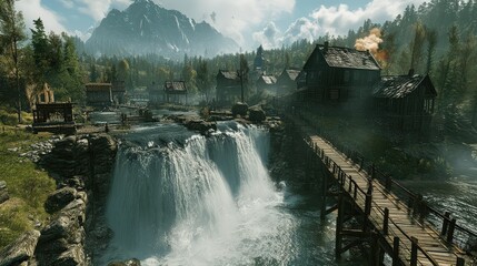 Serene Waterfall and Rustic Village in Lush Mountain Landscape