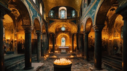 Stunning Interior of Ancient Church with Golden Mosaics and Candles