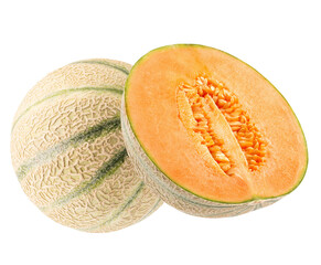 cantaloupe melon, sliced and whole, isolated on transparent background.