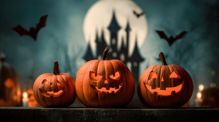 Halloween Pumpkins with Spooky Castle Background