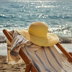 Relaxing Beach Scene with Sun Hat and Towel