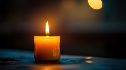 A single candle burning brightly in the middle of a dark, empty room, symbolizing hope and resilience, on blur background