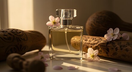 Perfume Bottle with Pink Flowers and Wooden Decorations in Soft Light. Mockup Image

