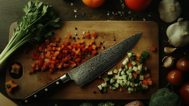vegetables and knife on a chopping board