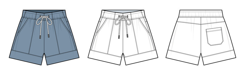 Men’s Drawstring Shorts Technical Fashion Illustration. Casual Summer Shorts with Side Pockets and Back Patch Pocket. Front, Back, and Color Variations. Relaxed Fit. CAD Mockup Set.