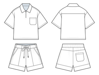 Relaxed-Fit Polo and Drawstring Shorts Set Technical Fashion Illustration. Short-Sleeve Polo Shirt with Chest Pocket and Matching Shorts. Front and Back Views. Summer Menswear. CAD Mockup Set.