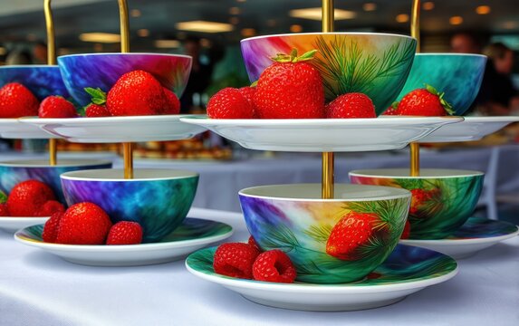 Colorful tiered dessert stand with fresh strawberries and raspberries
