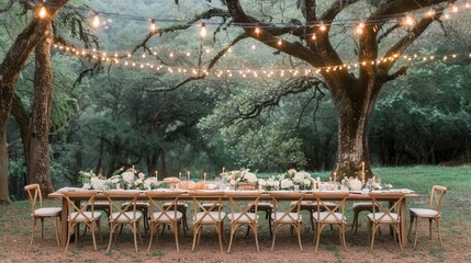 Outdoor Wedding Reception Table Under String Lights