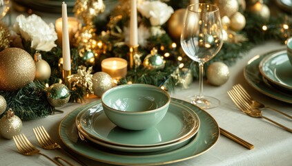 Elegant holiday table setting with gilded accents and serene green dinnerware