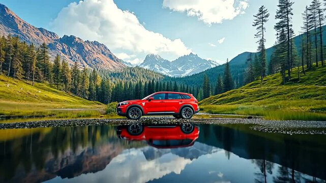 Scenic View with Red SUV in Serene Nature Setting