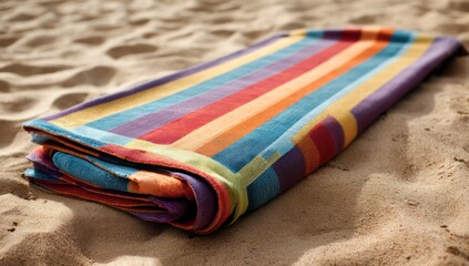 Cotton beach towel with vibrant stripes laid out on the sand for a perfect day at the beach.