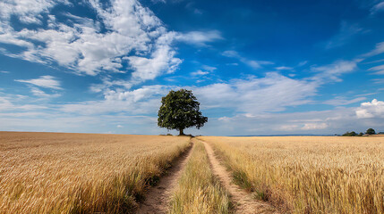 Single Tree in Golden Wheat Field Under Blue Sky