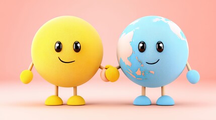 Friendly Cartoon Globes Holding Hands on Pink Background