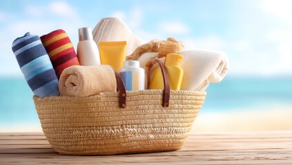Handmade woven basket filled with sunscreen, towels, and other beach essentials for a great day.