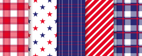 American seamless pattern. 4th July patriotic backgrounds. Happy independence textures. Set of geometric prints with stars and stripes. Blue red wrapping paper. Abstract wallpaper. Vector illustration