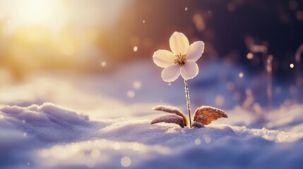 A single flower blooming in a field of snow, symbolizing growth and resilience in an unforgiving environment, 