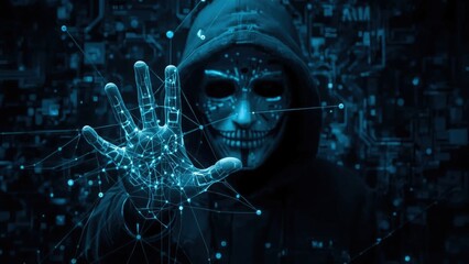 Hacker with cybernetic hand weaving glowing digital intricate circuit patterns