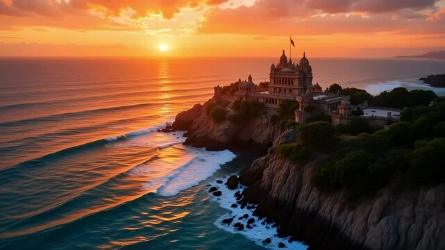 Majestic Somnath Temple Gujarat Coastline Arabian Sea Aerial View 4K Drone Footage