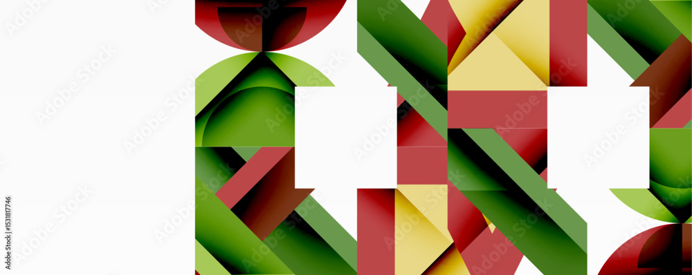 Poster abstract geometric shapes overlap, creating vibrant patterns. red, green, yellow hues dominate desig