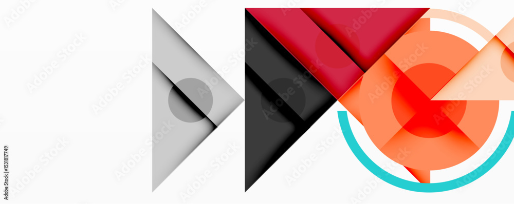 Poster abstract geometric shapes overlap, creating dynamic composition. red, gray, orange hues dominate des