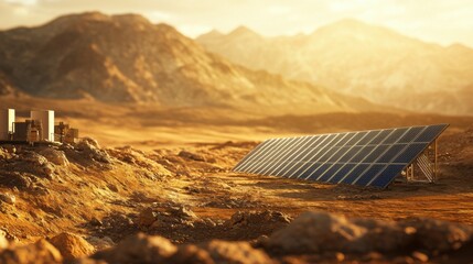 A sleek, modern mining operation set in a remote desert location, with solar-powered equipment 