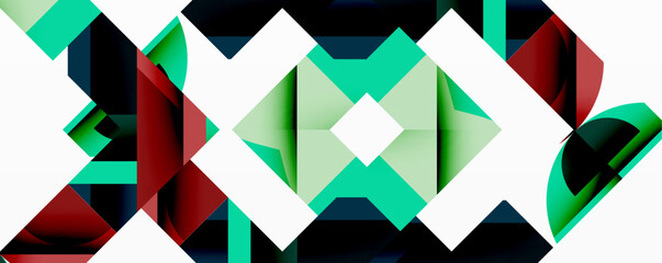 Abstract geometric pattern. Teal, red, white shapes create symmetrical design. Modern digital art, vibrant colors, clean lines.