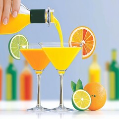 Hand Pouring Orange Juice into Two Cocktails Garnished with Citrus Slices