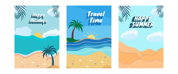 Obraz premium Set of three colorful beach-themed illustrations with sand, sea, sun, and palm trees. Perfect for holiday, travel, or summer designs.