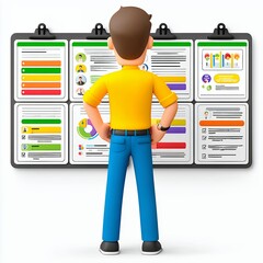 3D Render of Man Reviewing Colorful Charts and Graphs on Whiteboard