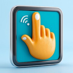 3D Render of Orange Hand Cursor Icon on Teal Square Digital Frame