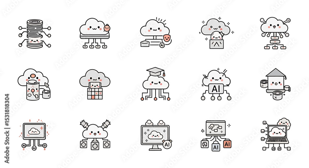 Poster vector icons set of whimsical cloud computing icons representing data ai and technology. vector illu