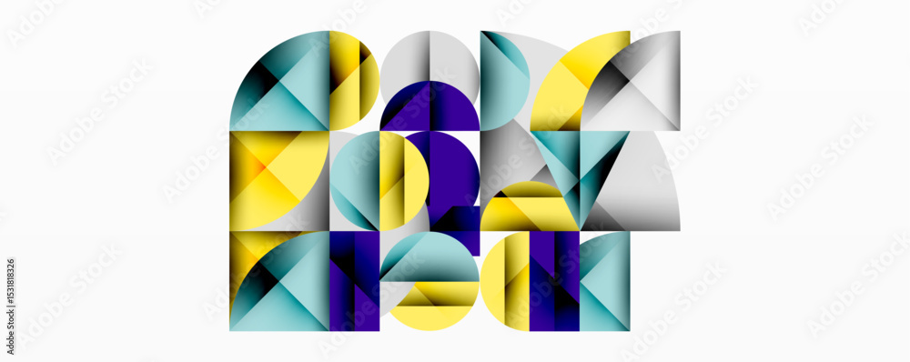 Aufkleber Abstract geometric composition. Shapes overlap, creating dynamic visual effect. Colors include yellow, blue, purple, gray. Modern design.