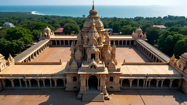 Stunning Aerial View of Ramanathaswamy Temple Revealing its Extensive Corridors and Coastal Setting