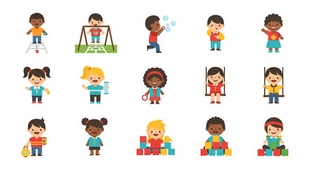 Vector Icons Set of Diverse Cartoon Children Playing with Toys and Engaging in Various Activities. Vector Illustrations