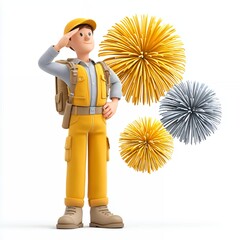 Cheerful 3D Rendered Cartoon Worker Saluting Near Gold and Silver Fireworks on White Background