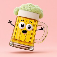 Cheerful Cartoon Beer Mug with Fuzzy Hat on Pink Background