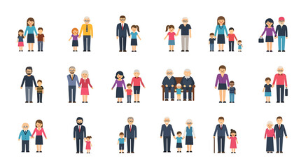 Vector Icons Set of Diverse families and generations in flat vector illustration various ages and styles. Vector Illustrations