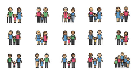 Fototapeta premium Vector Icons Set of Diverse families Cartoon illustrations of parents and children in various combinations. Vector Illustrations