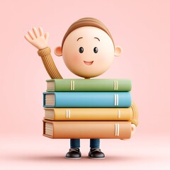 Cheerful Cartoon Boy Holding Colorful Books on Pink Background